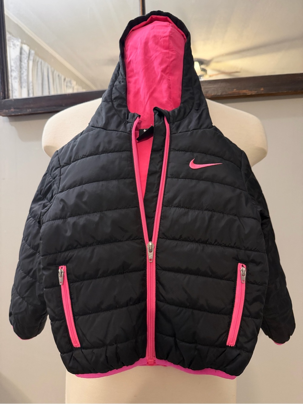 Nike Kids Black Hooded Puffer Jacket with Pink Accents